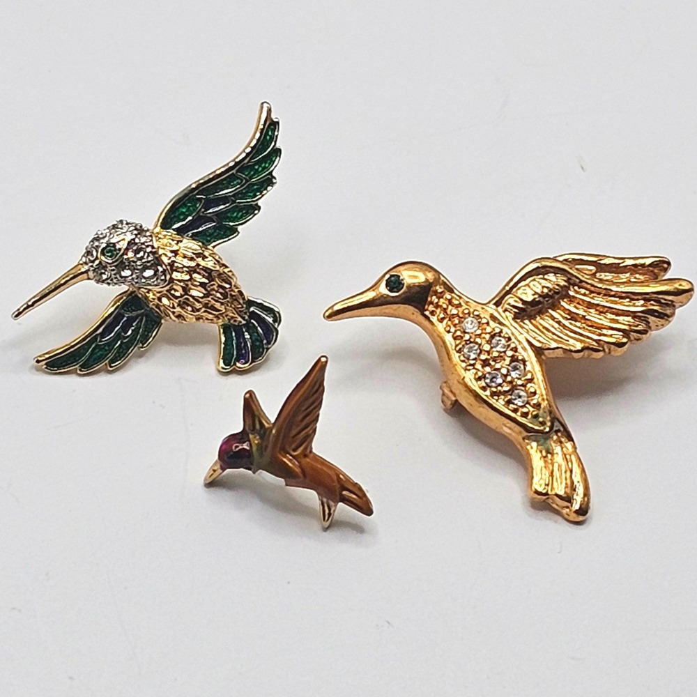 Hummingbird Brooch Pin Lot of 3 Gold Green‎ Enamel Rhinestone Bird Nature Mixed